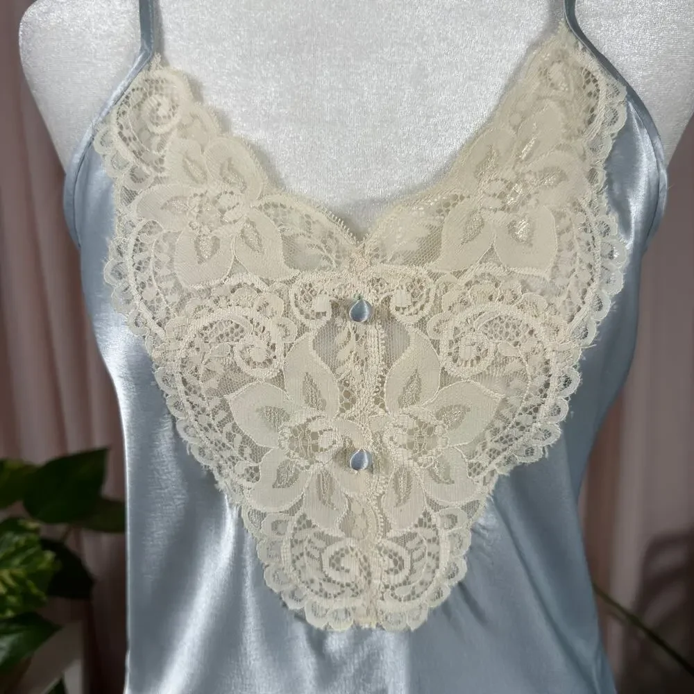 Kirsten Grey Vintage Baby Blue Satin‎ Chemise Slip Dress Lace Small USA Made